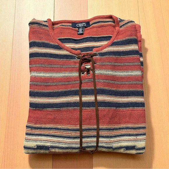 CHAPS Denim Women's Sweater Knit Southwest Stripe Pullover Lace Up Collar Sz Lg - Picture 1 of 5